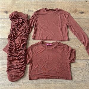 Women’s 3 Piece Rust Crop Top Set with Ruched Skirt